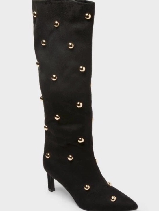 Shoes - Black Studded Knee-High Pointed Toe Boot